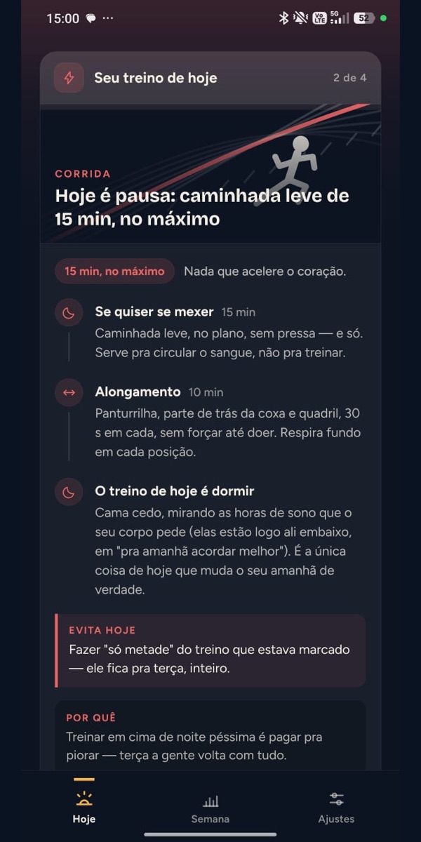 Tela do treino do dia, dividida em blocos