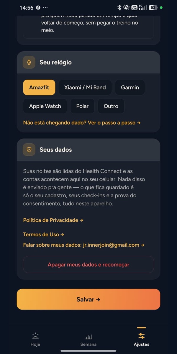 Tela explicando que os dados ficam no aparelho