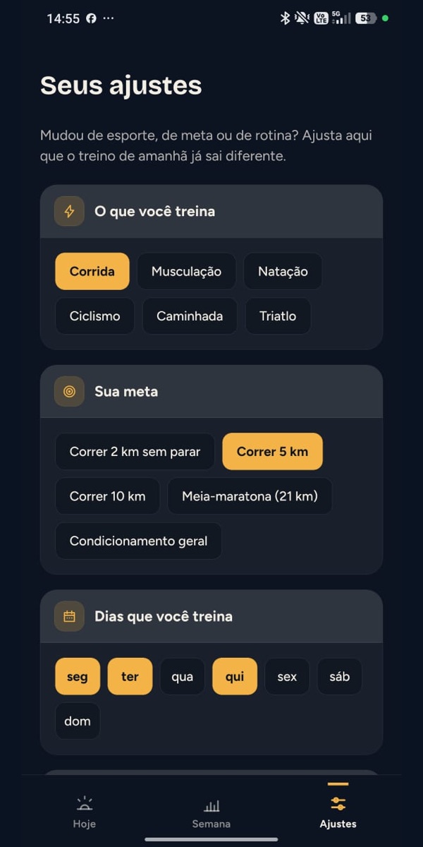 Tela de ajustes com esporte, meta e dias de treino